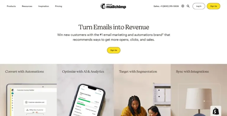 Mailchimp」の製品サイトファーストビュー